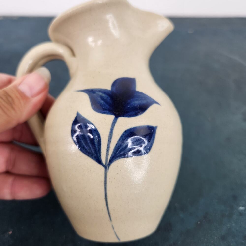 Williamsburg Pottery Small Pitcher Glazed Stonewear Blue Floral Farmhouse